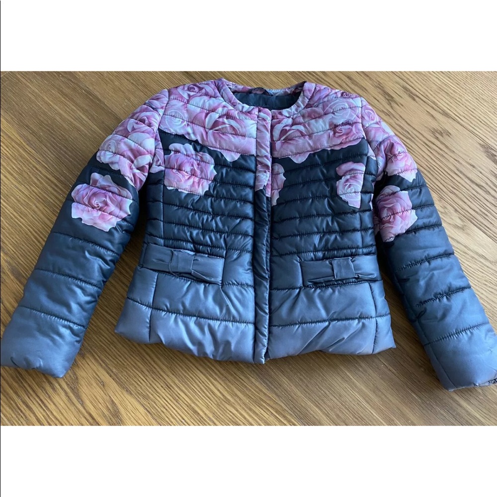Monnalisa Girls Gray Pink Rose Padded Jacket Coat Size 6